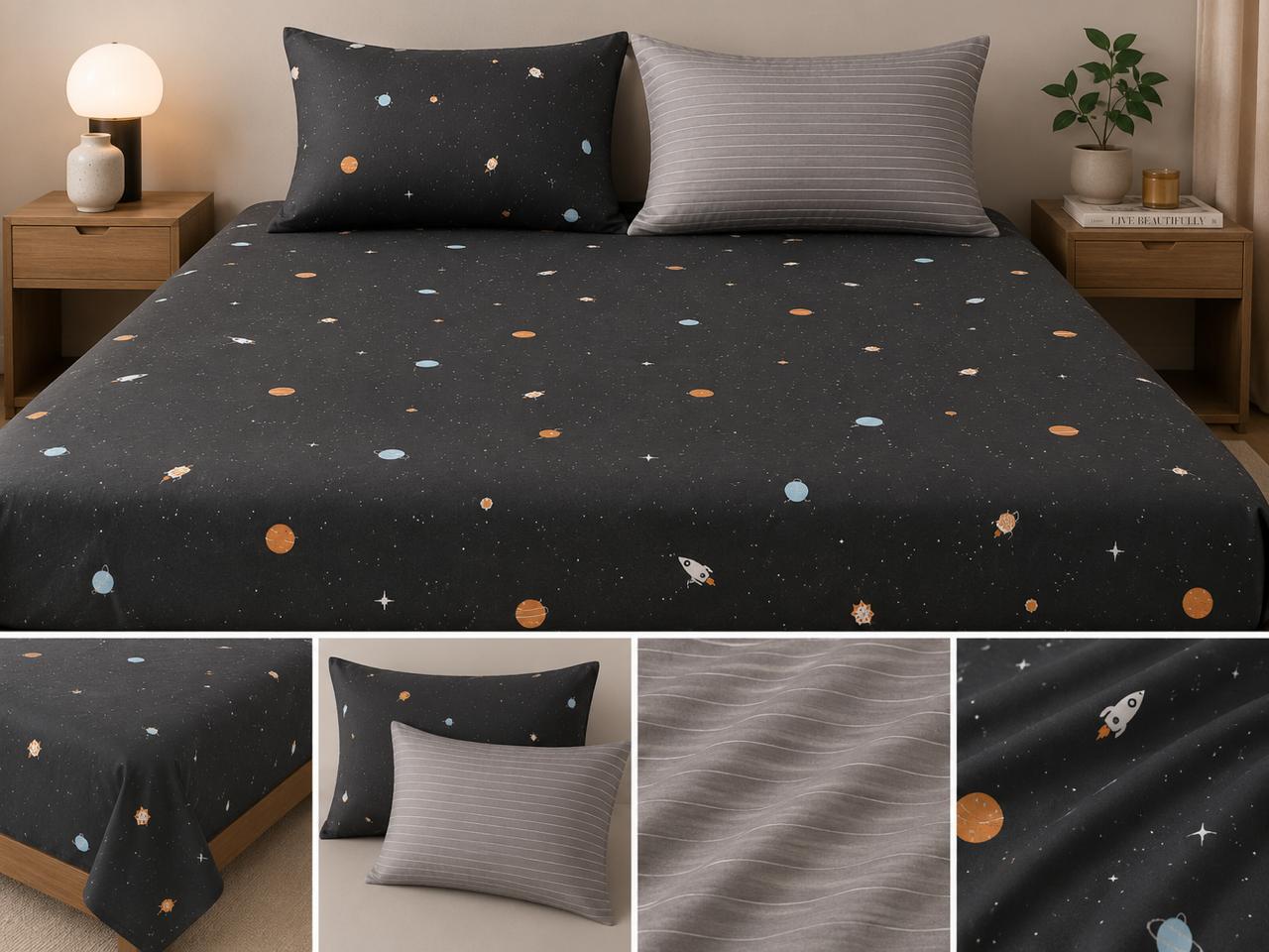 Space-Themed Galaxy Bedding Set with Rocket and Planet Patterns