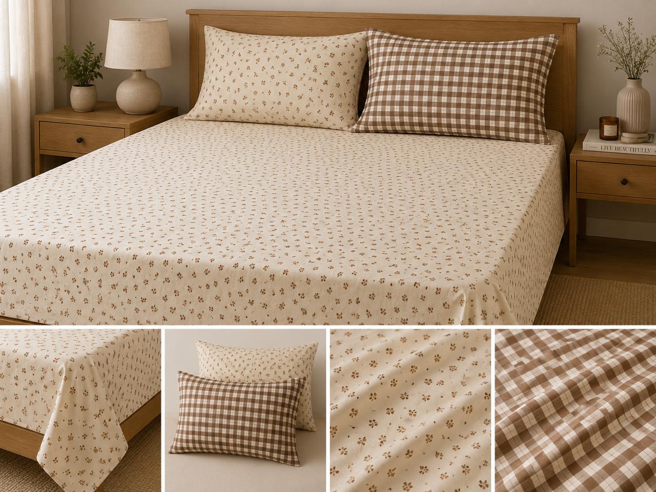 Soft Brown Floral and Gingham Bedding Set