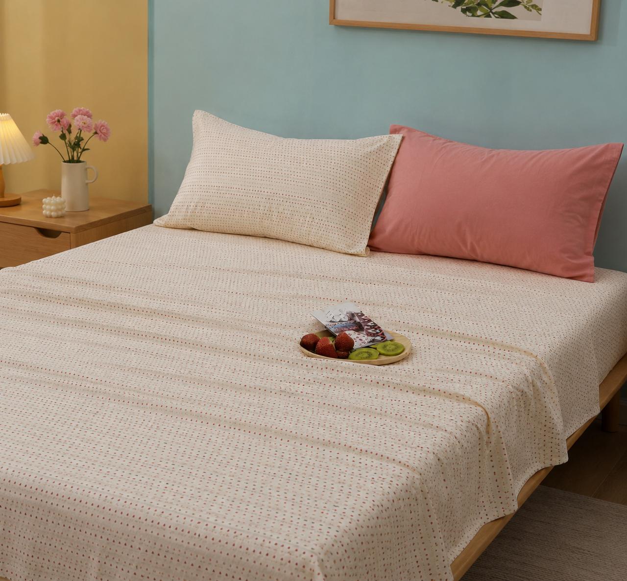 Cream Dotted Cotton Flat Bedsheet