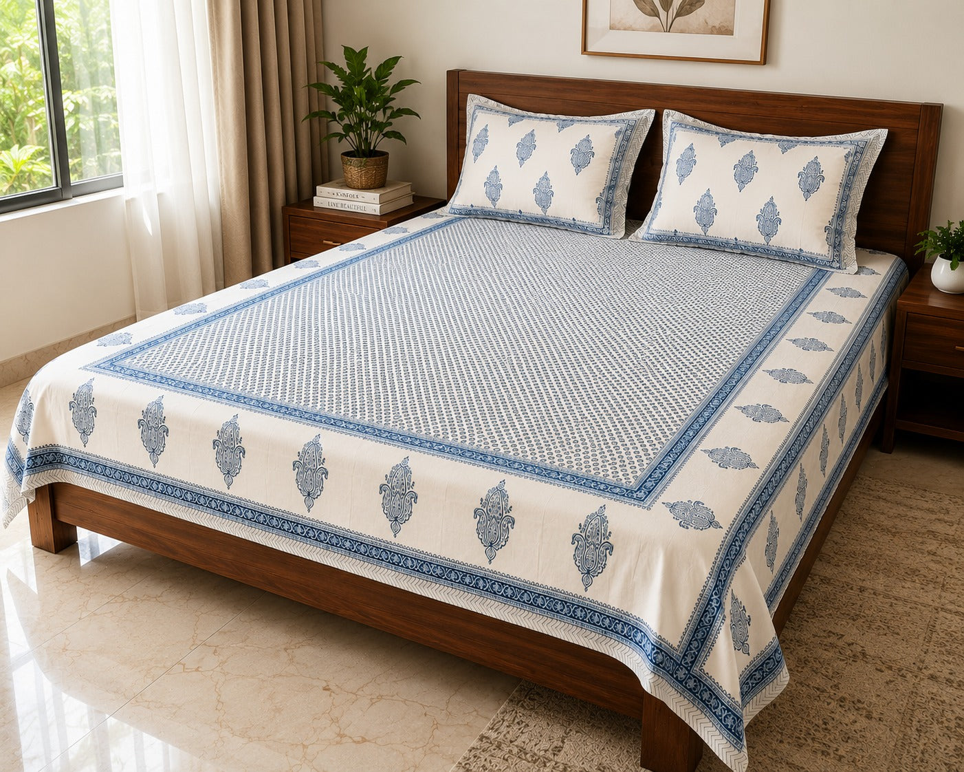 Elegant Indian Hand-Block Floral Patterned Bedding