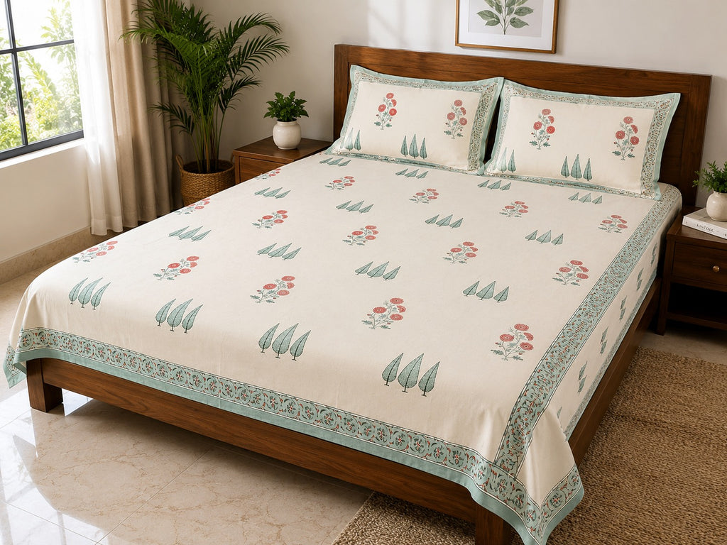 Sage Green Border Buta Print King Size Bedsheet