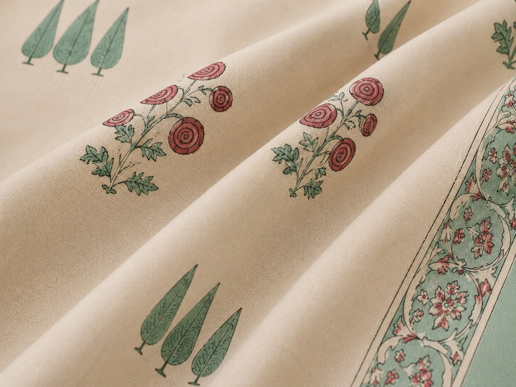 Sage Green Border Buta Print King Size Bedsheet