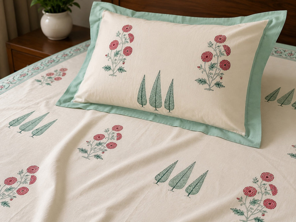 Sage Green Border Buta Print King Size Bedsheet