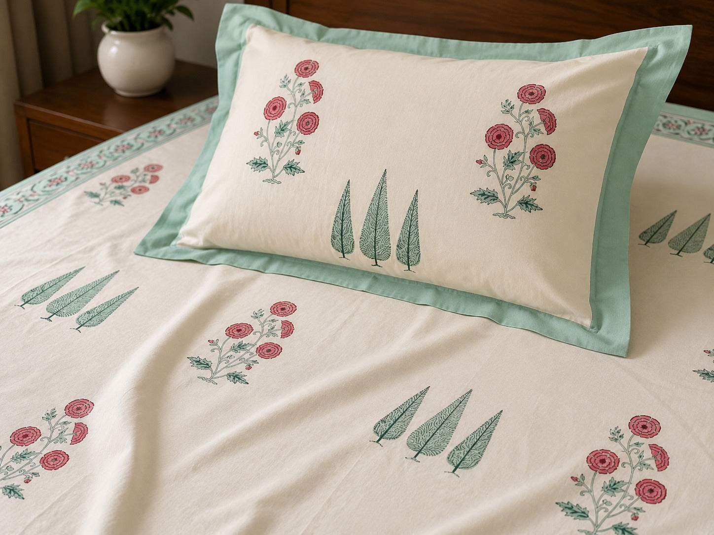 Sage Green Border Buta Print King Size Bedsheet